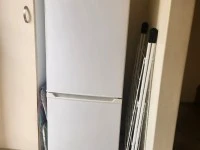 Wooden tea trolley, wooden kist, fridge, washing machine