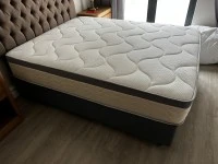 Queen bed, headboard, outside couch, coffee table