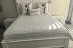 Queen bed mattress, wooden base, headboard, 2x pedestals, mirror, pain...