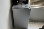 Queen bed with headboard and one side table, Double door fridge and sm...