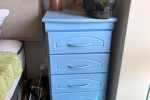 Queen bed, Bedside table, Fridge, Washing machine, Office chair, Black...