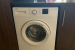Queen bed, Bedside table, Fridge, Washing machine, Office chair, Black...