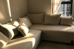 Double bed, Fridge, Washing machine, L-shape couch, Headboard