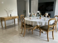 One six seater round dining room table, 6 Busselback dining chairs, 1 ...