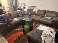 Queen bed, L-shaped couch, Bunk bed, Front loader washing machine, Tv ...