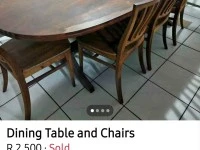 Table, 8 chairs, Sideboard cupboard