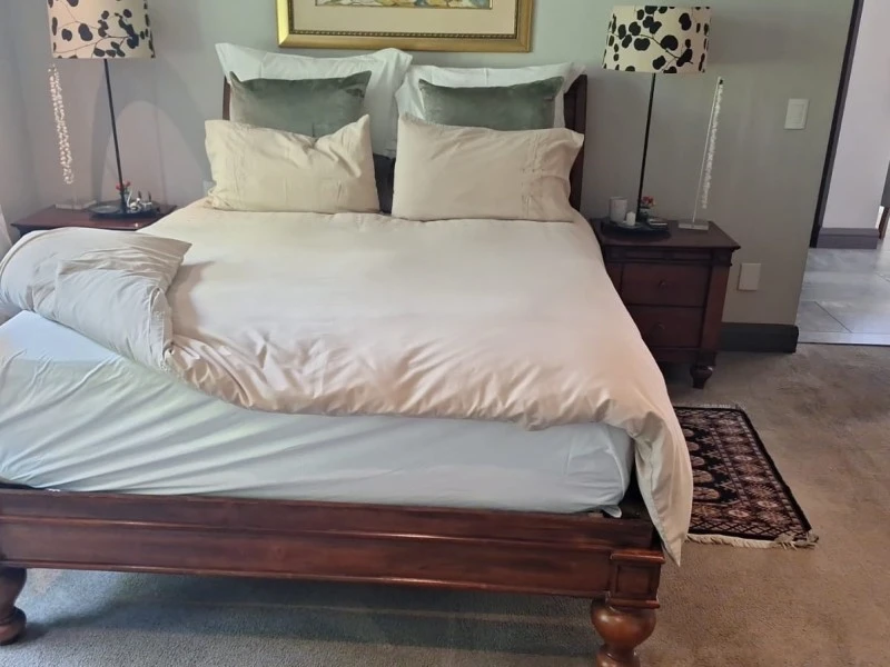Queen mattress and wooden base with side tables, Large lamp, 3 seater ...