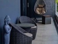 Patio swing chair, patio small round table and two chairs, patio stool