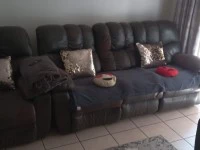 King size bed and headboard, 3 peice recliner lounge set, wooden tv un...
