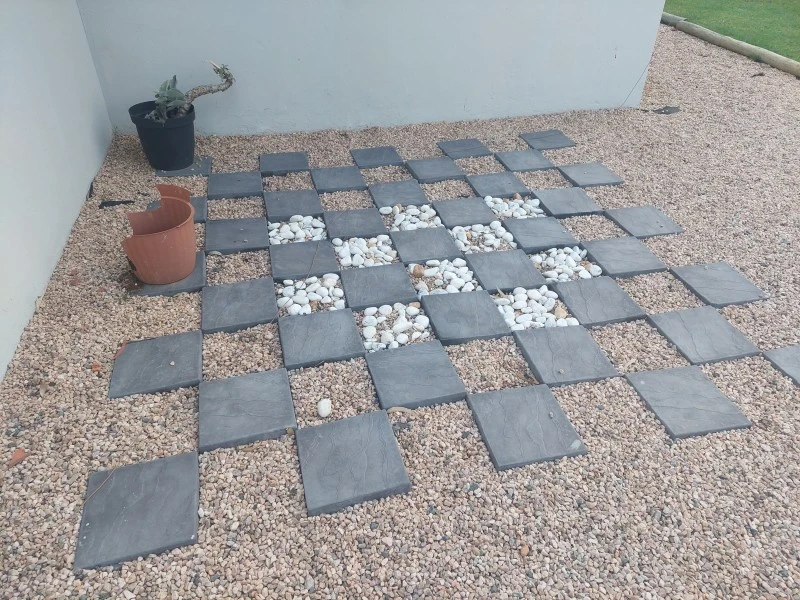 Showcase, Desk, 41 x concrete garden stepping stones