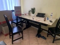 Corner sofa, table and 4 chairs, fridge, washing machine, 2 single bed...