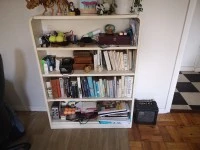 3 seater couch, Wooden chest, Small bookshelf, Medium bookshelf, Chair...
