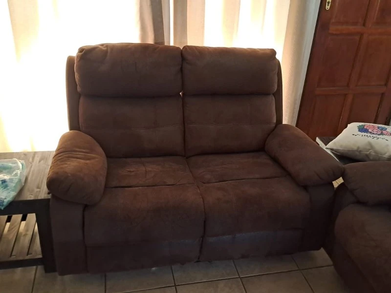 Dinner table and 6 chairs, lounge suite 3 seater couch and 2 seater co...