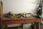 Roughly about 3m2 of timber, a workbench and a couch