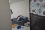 Queen bed, Tv stand, Fridge, Wardrobe, Tv, Couch, Mirror