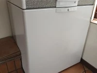 Single door fridge, Small box freezer, Occasional table, Occasional ta...