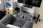 Queen bed with headboard and one side table, Double door fridge and sm...