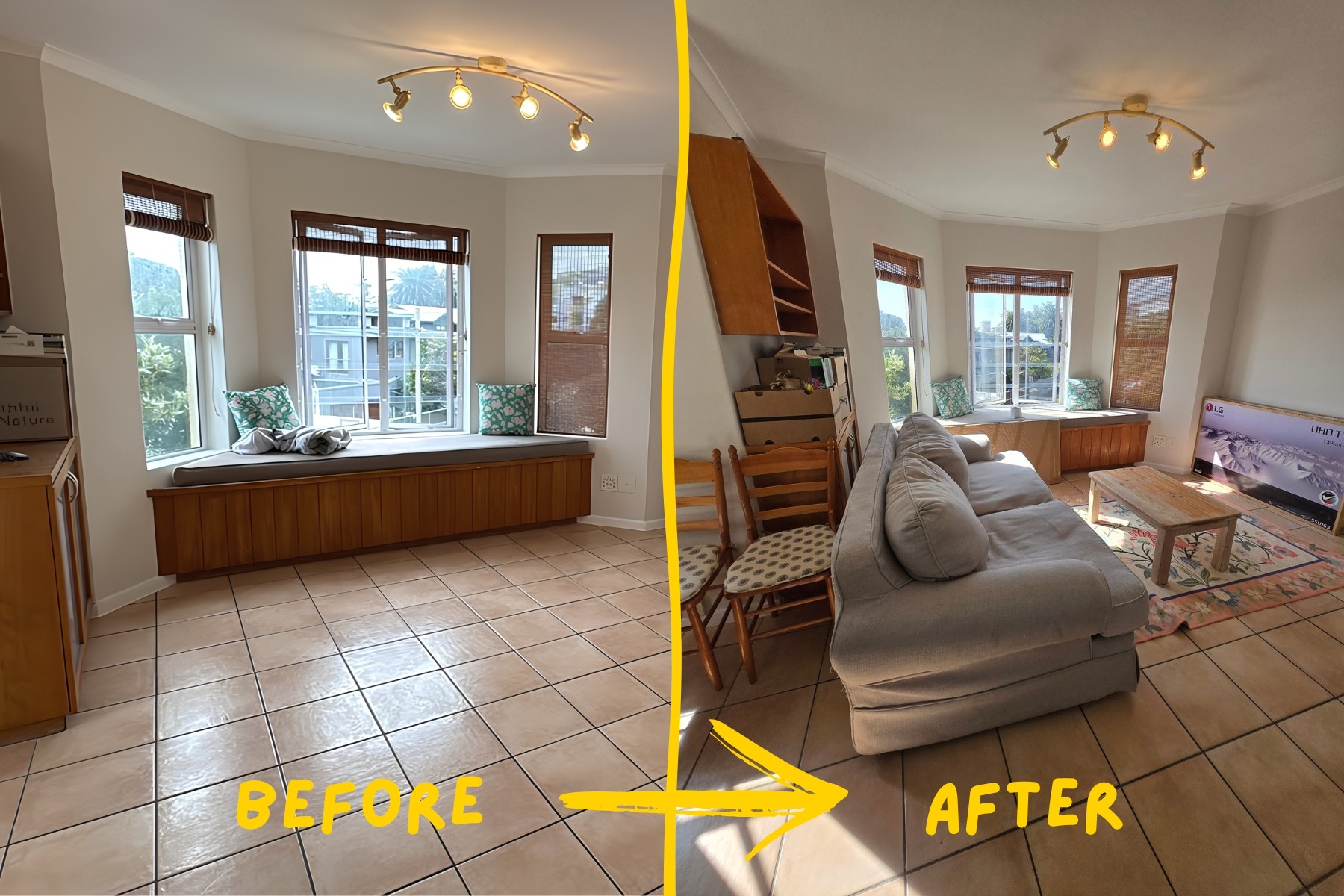 An empty apartment before a move and a furnished apartment after a move
