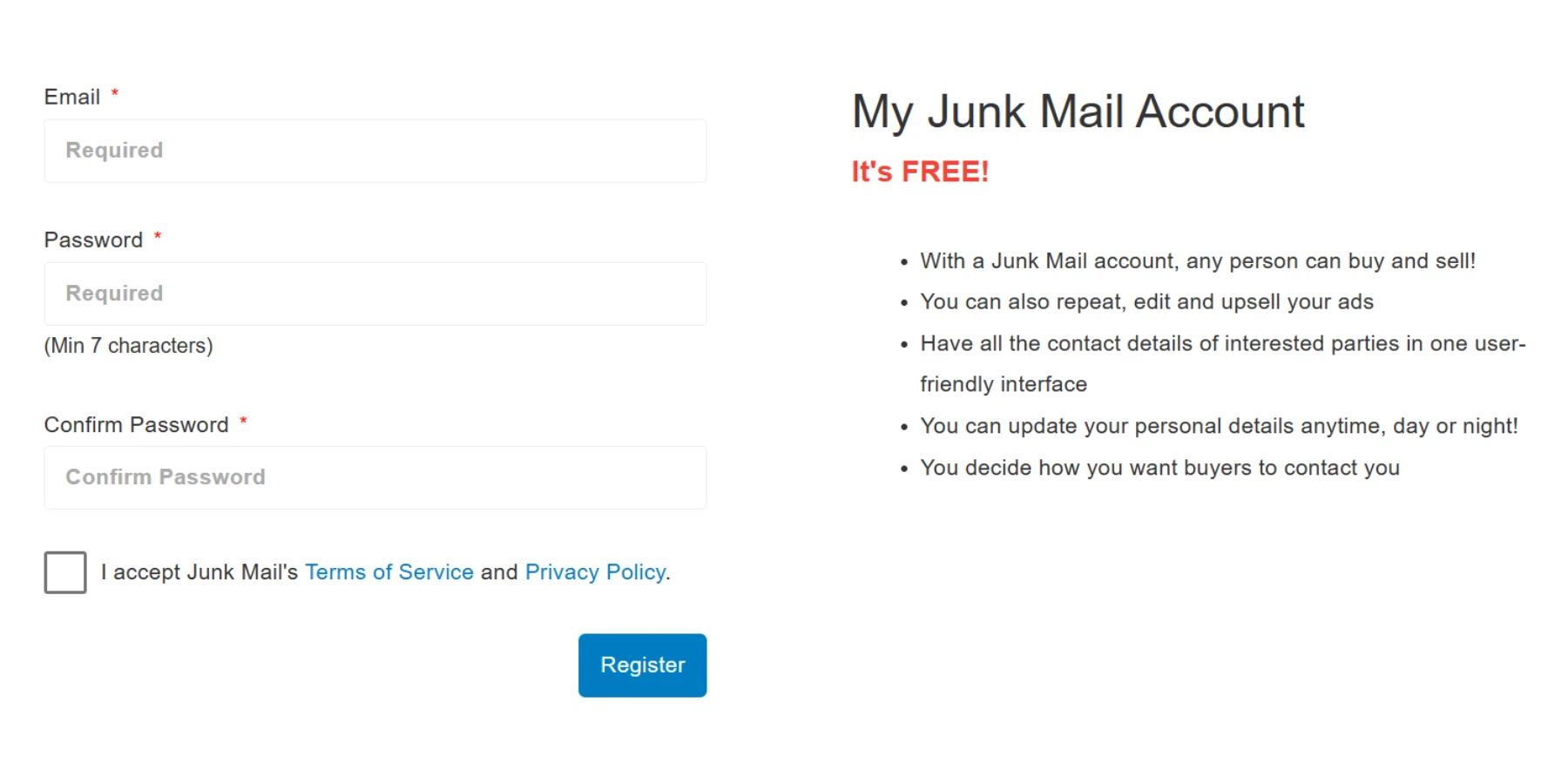 Create Account to Sell Furniture on Junk Mail