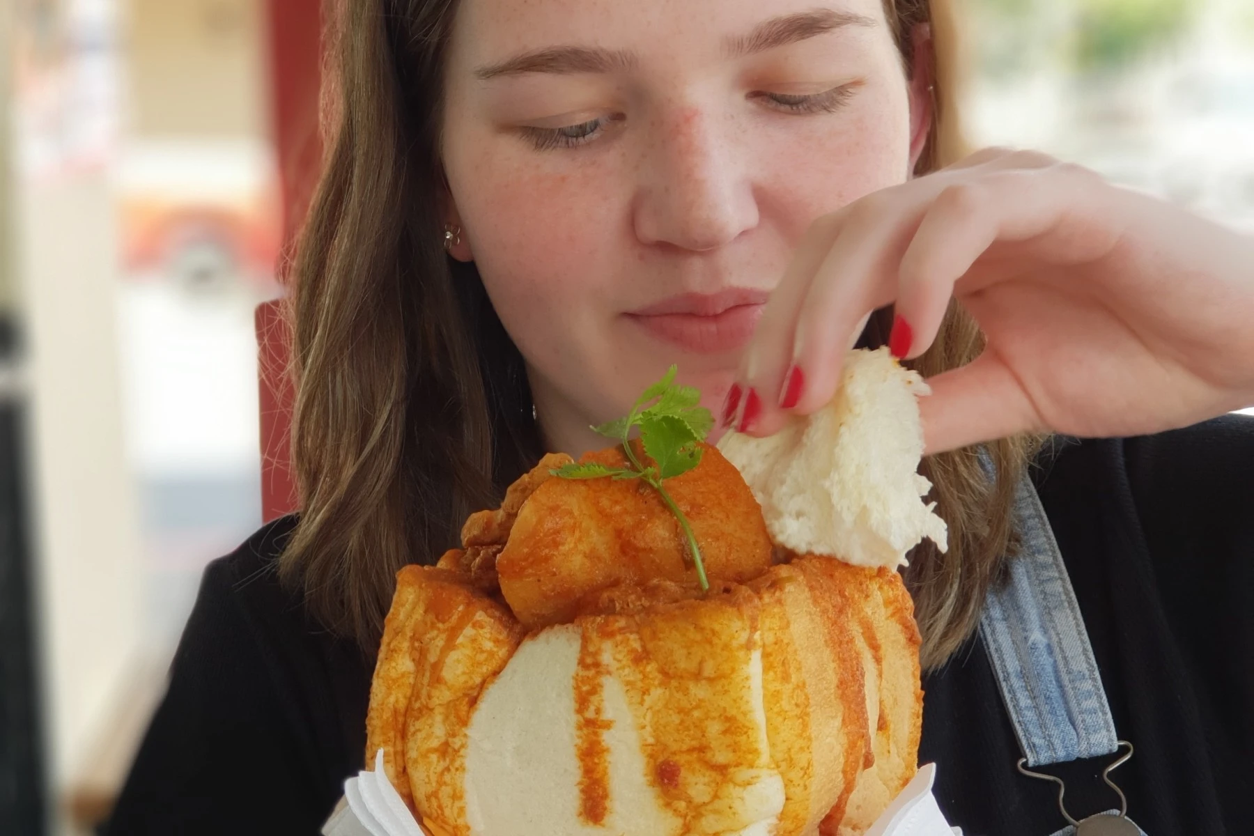 Eating bunny chow on Durban coast line
