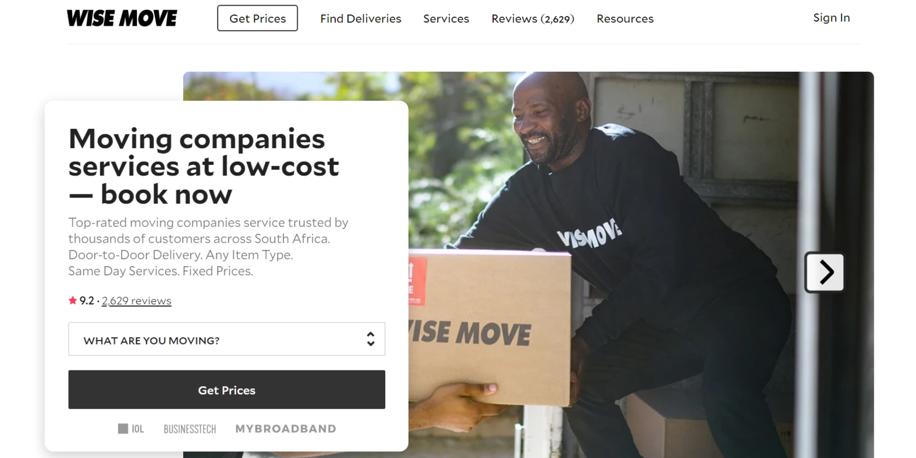 Wise Move homepage for moving inventory list